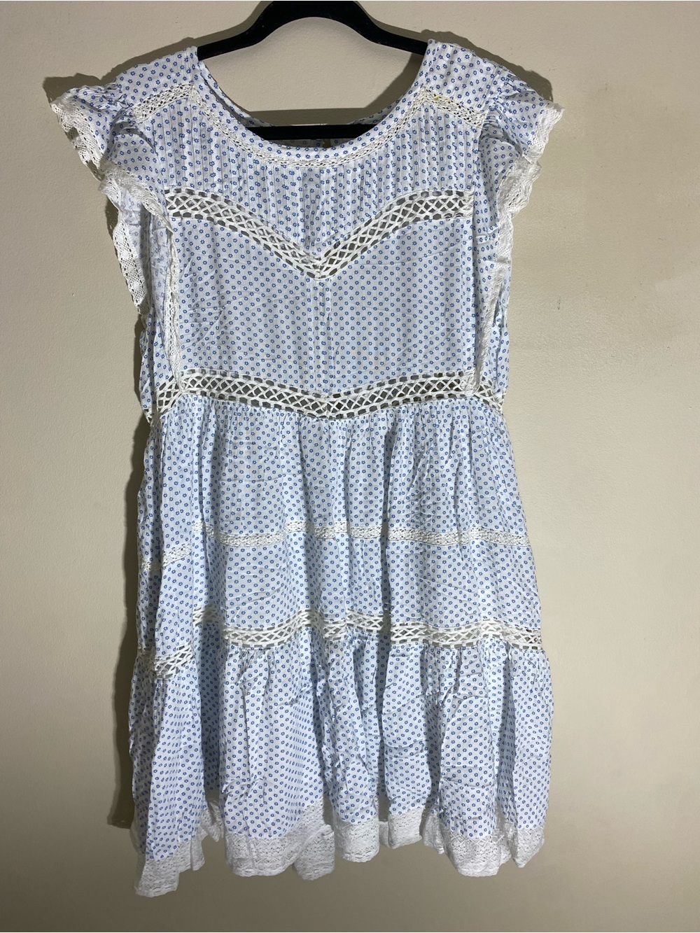 Free People Retro Kitty Crochet Trim Dress Ivory Blue